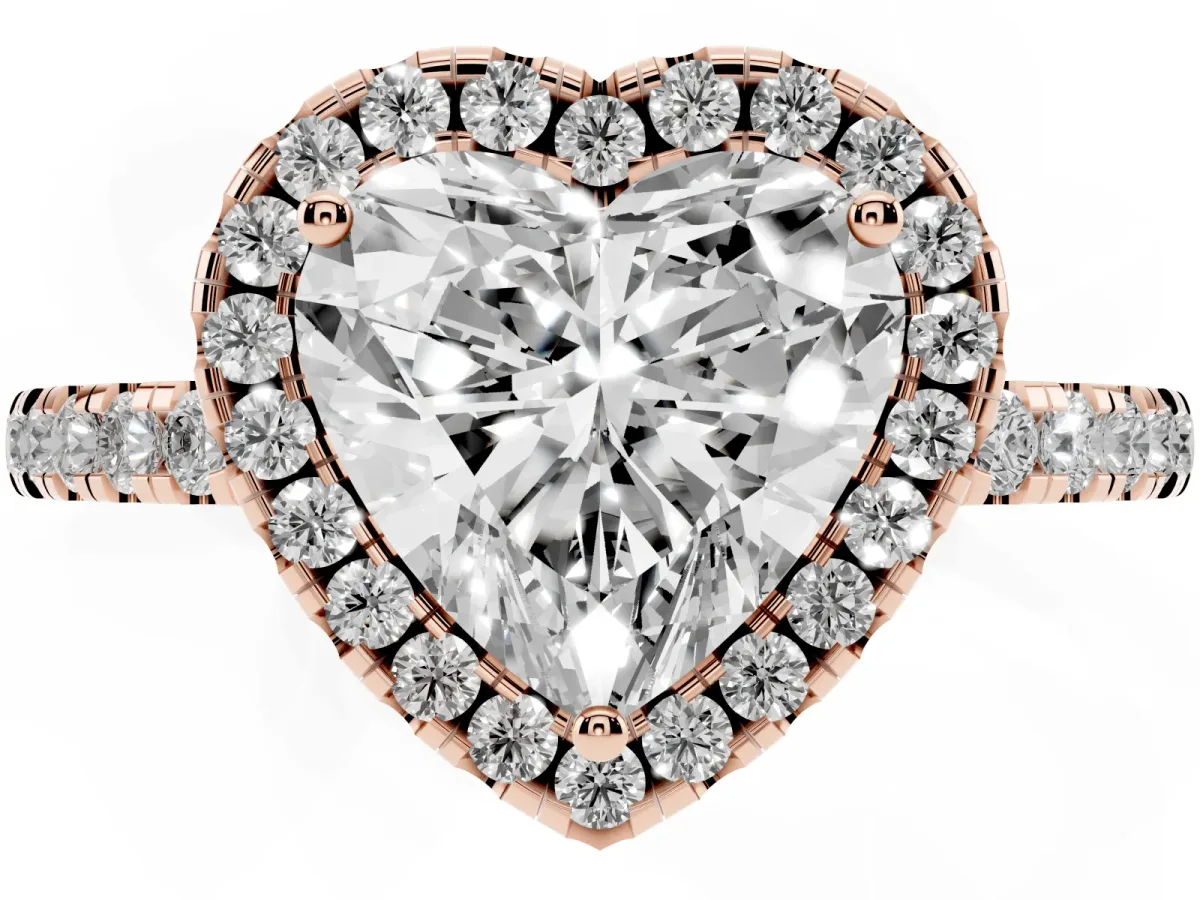 Heart Cut Halo Diamond Engagement Ring with Pavé Band and Four-Prong Setting Rose gold