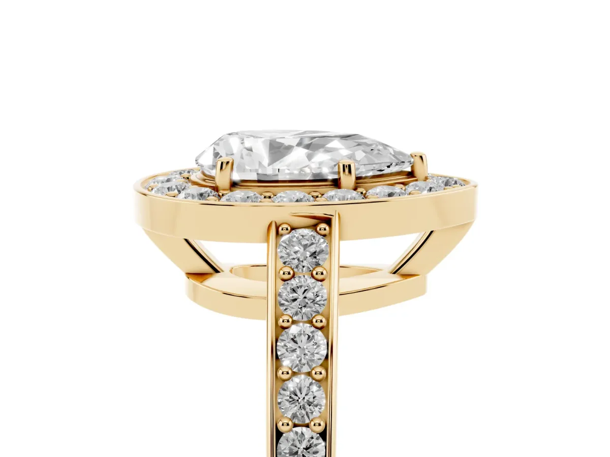 Pear Cut Halo Pavé Diamond Engagement Ring with Bezel Setting Yellow gold