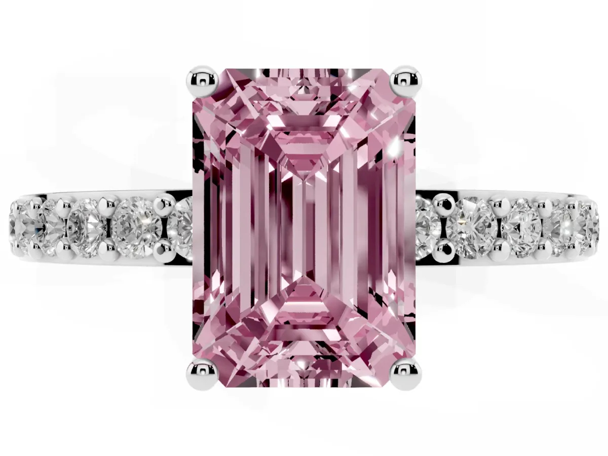 Fancy Pink Emerald Cut Cut Diamond Solitaire with Pave Band and Four-Prong Setting Silver