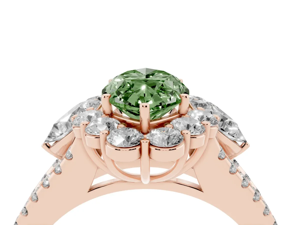 Fancy Green Marquise Cut Halo Split Shank Diamond Engagement Ring with Prong Setting Rose gold