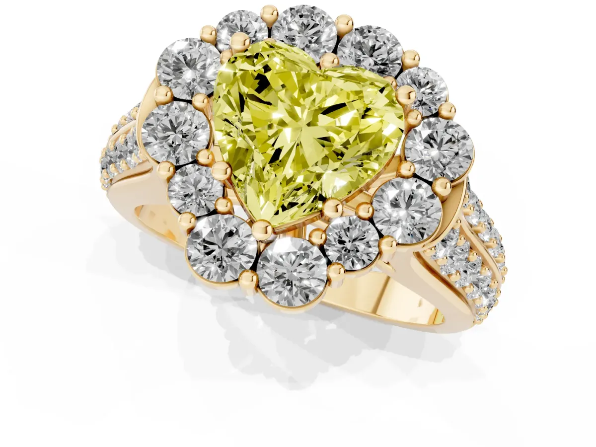 Fancy Yellow Heart Cut Halo Diamond Engagement Ring with Split Shank and Prong Setting Yellow gold