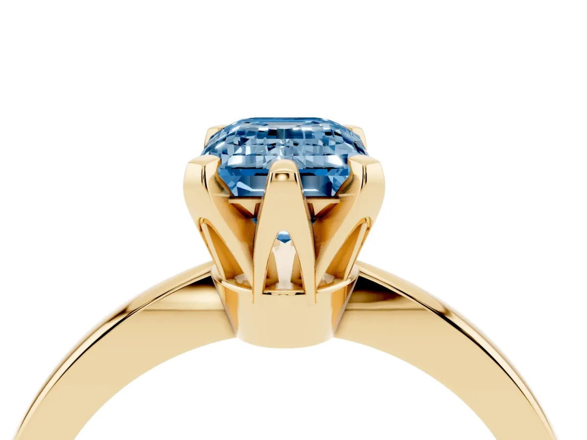 Fancy Blue Emerald Cut Solitaire Engagement Ring with Six-Prong Setting and Tapered Band Yellow gold