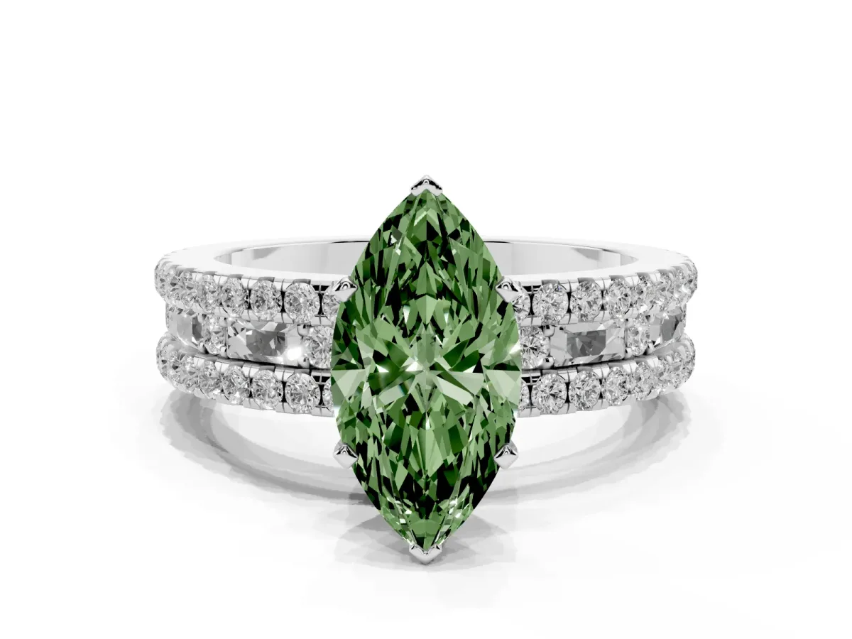 Fancy Green Marquise Cut Diamond Solitaire Ring with Pavé and Channel Set Band Platinum