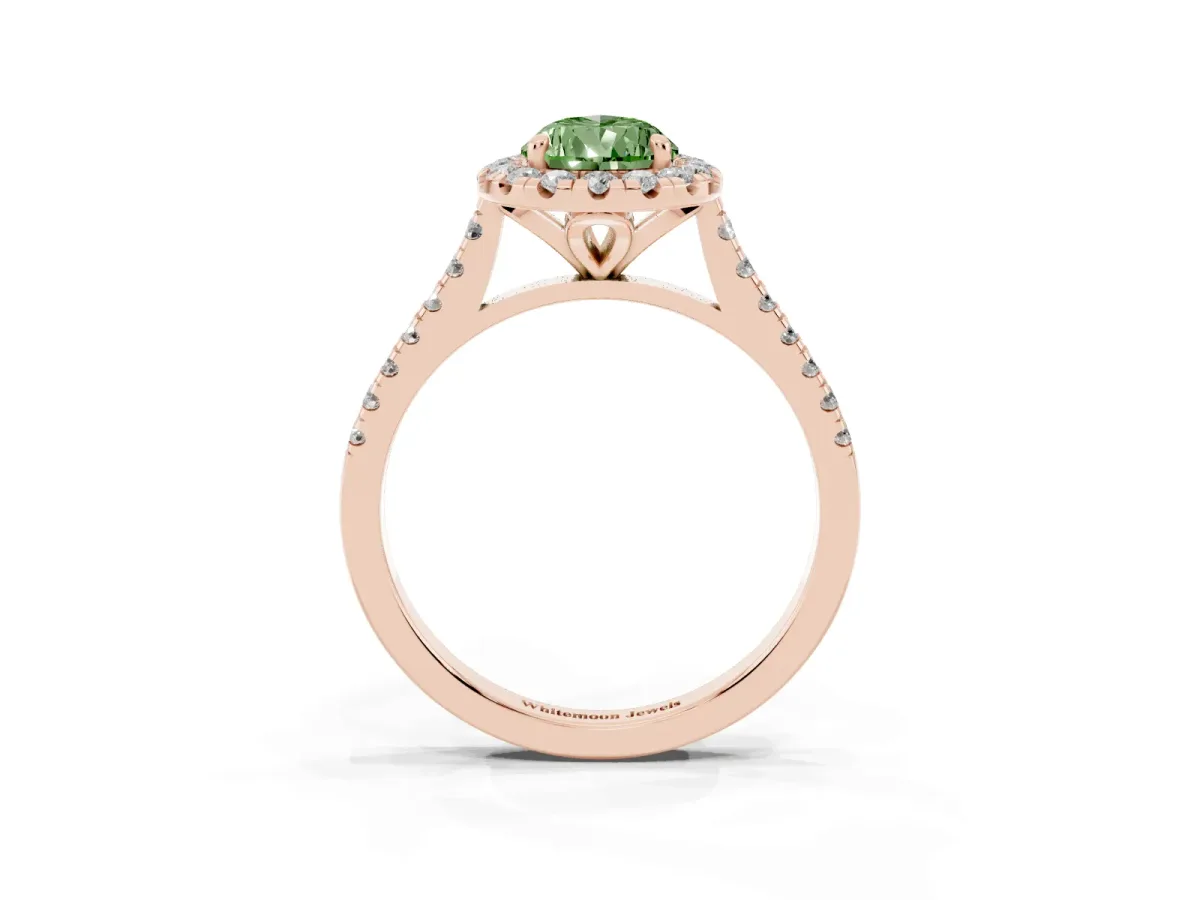 Fancy Green Pear Cut Diamond Cushion Halo Ring with Pavé Band Rose gold