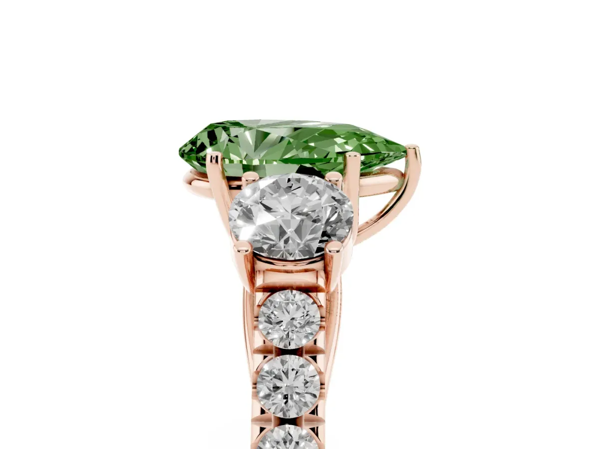 Fancy Green Pear Cut Cut Diamond Three-Stone Ring with Round Side Stones and Pavé Band Rose gold