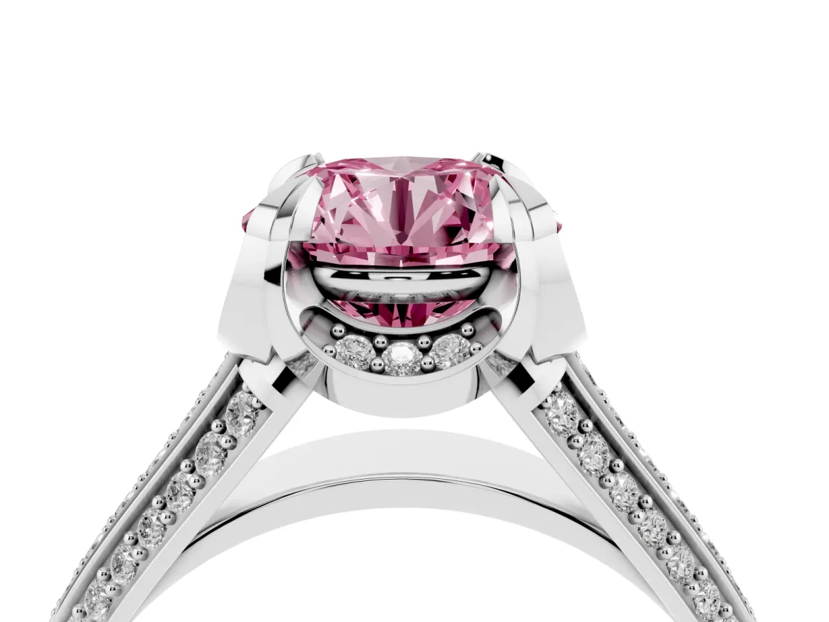 Fancy Pink Round Cut Solitaire Pave Split Shank Ring with Four-Prong Setting Platinum