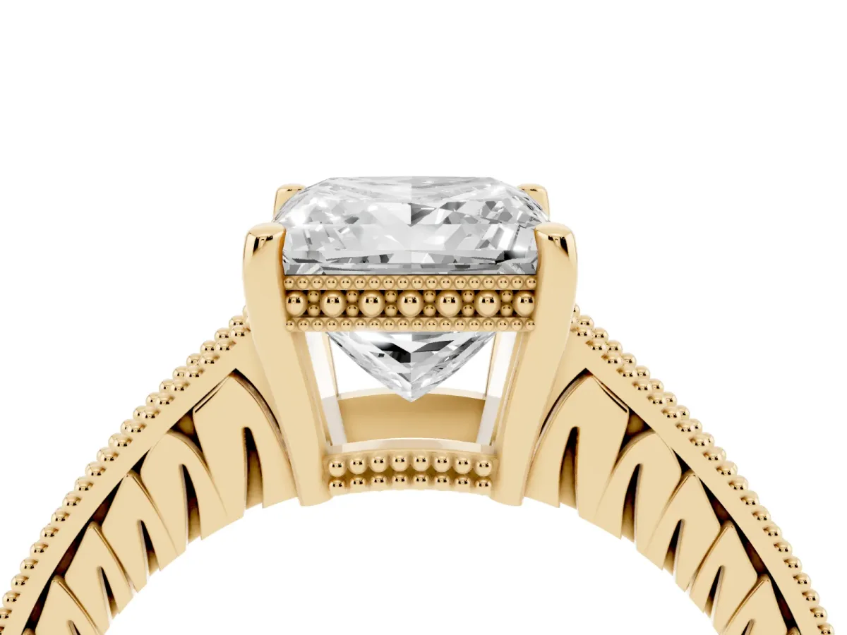 Princess Cut Solitaire Pavé Diamond Milgrain Engagement Ring with Four-Prong Setting Yellow gold