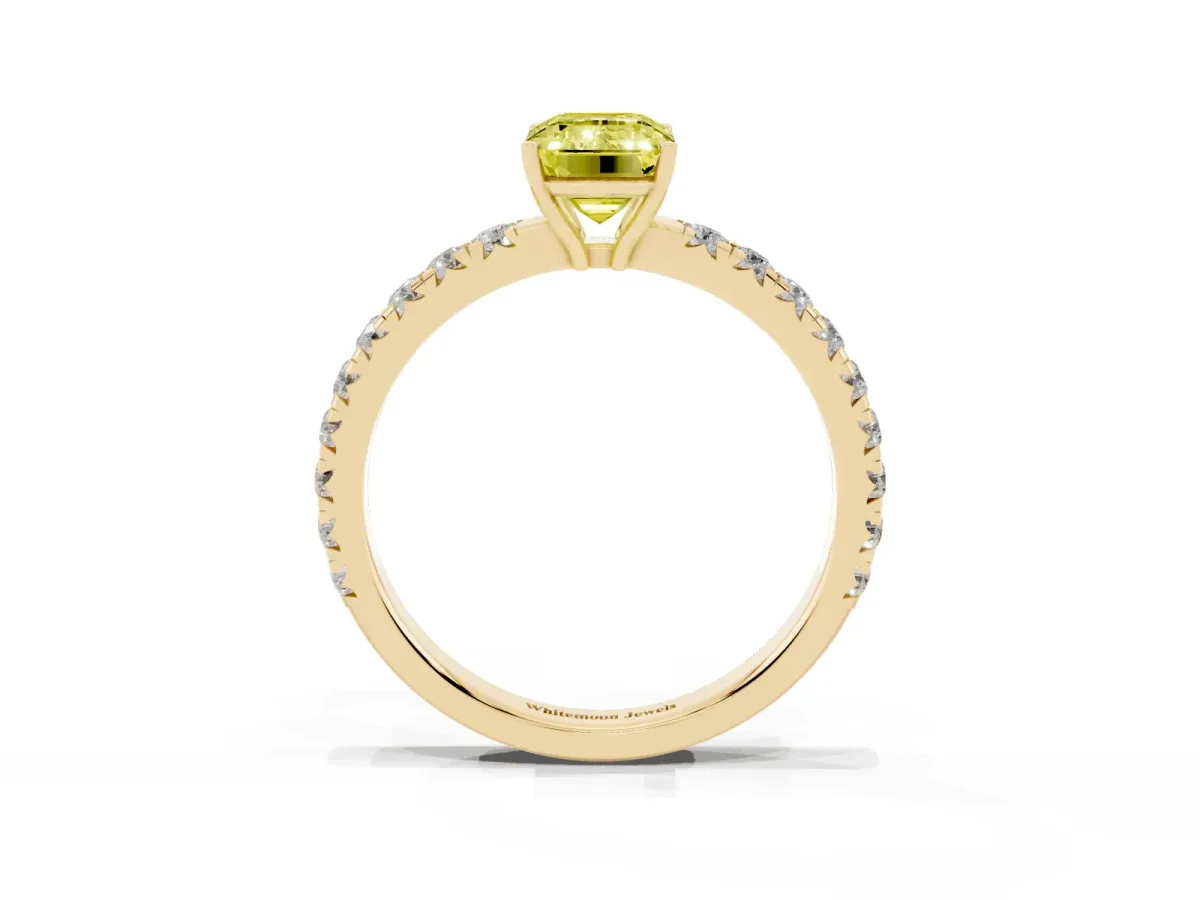 Fancy Yellow Emerald Cut Diamond Pavé Solitaire Engagement Ring with Four-Prong Setting Yellow gold