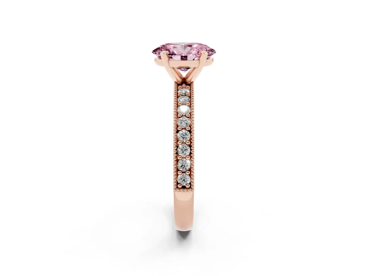 Fancy Pink Oval Cut Diamond Milgrain Pavé Engagement Ring with Four-Prong Setting Rose gold