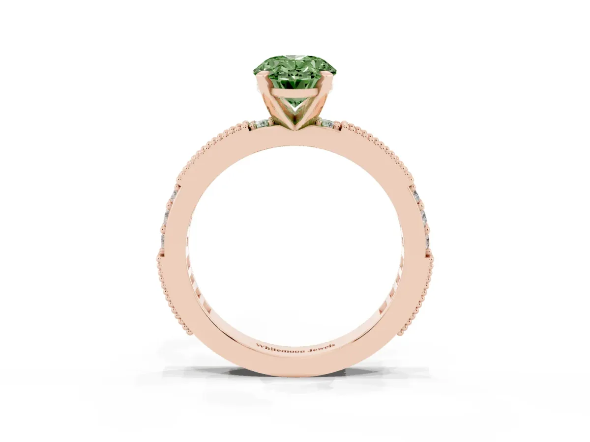 Fancy Green Oval Cut Solitaire with Pavé Band and Four-Prong Setting Rose gold