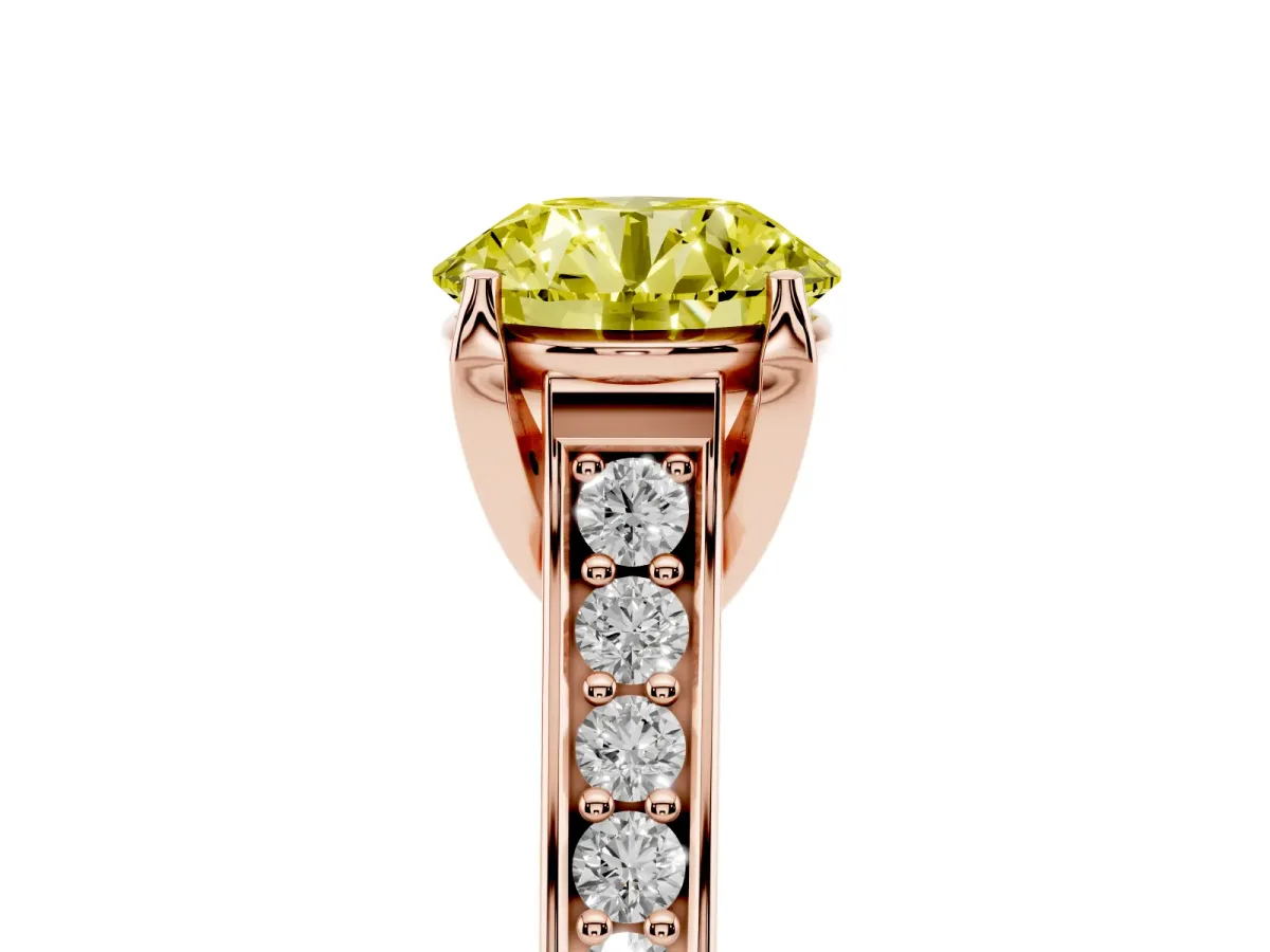 Fancy Yellow Round Cut Brilliant Cut Diamond Engagement Ring with Pavé Band and Four-Prong Setting Rose gold