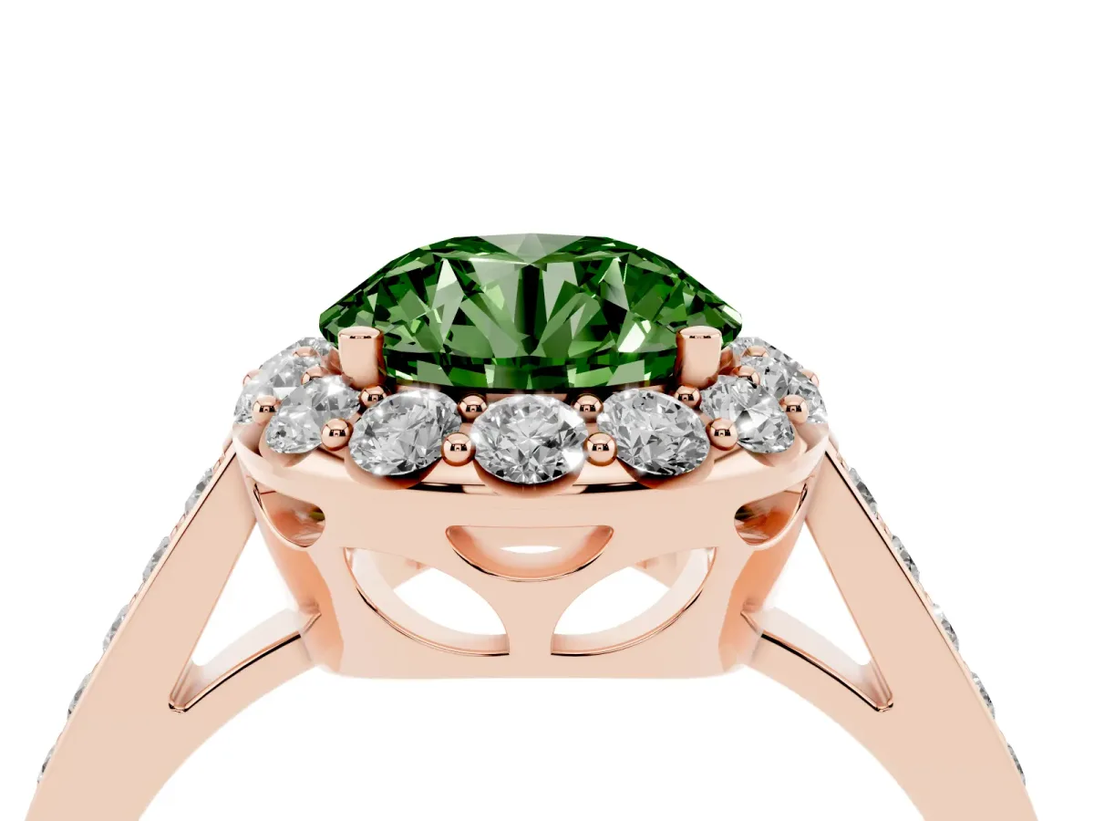 Fancy Green Round Cut Diamond Floral Halo Ring with Pavé Band and Prong Setting Rose gold