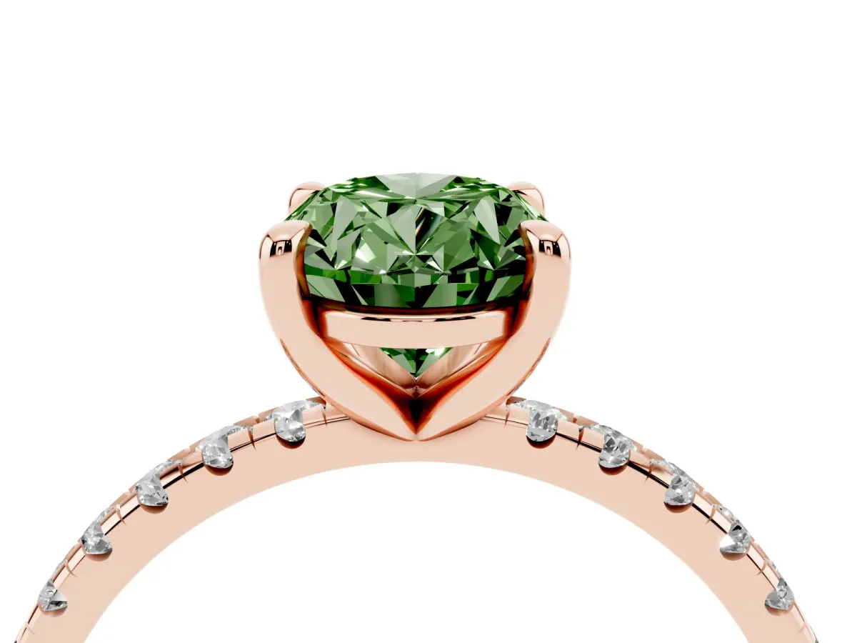 Fancy Green Oval Cut Diamond Brilliant Solitaire Ring with Pavé Band and Four-Prong Setting Rose gold