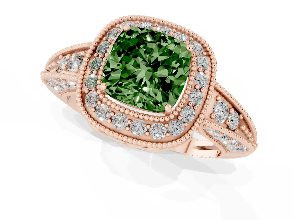 Fancy Green Cushion Cut Halo Diamond Split Shank Ring with Milgrain Detail Rose gold