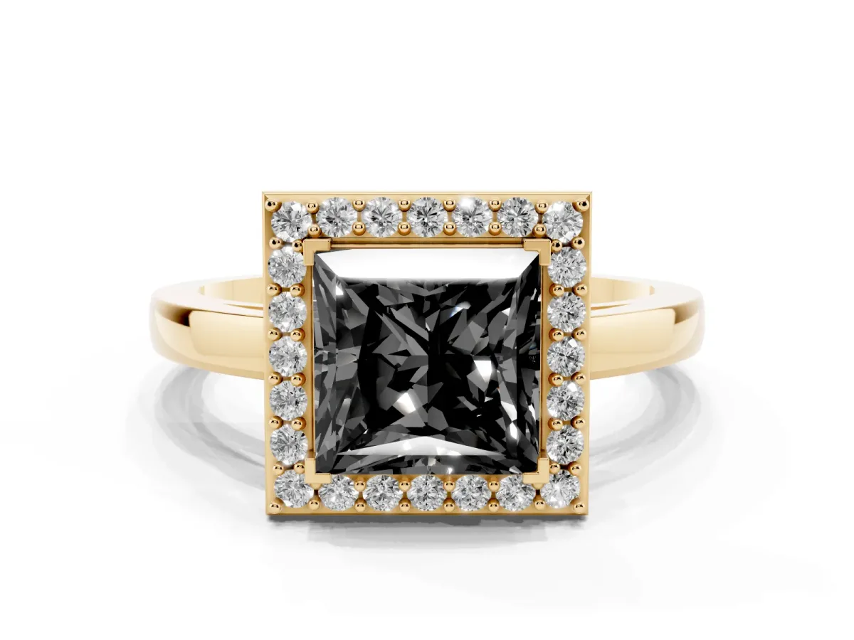 Fancy Black Princess Cut Halo Diamond Ring with Solitaire Band and Prong Setting Yellow gold
