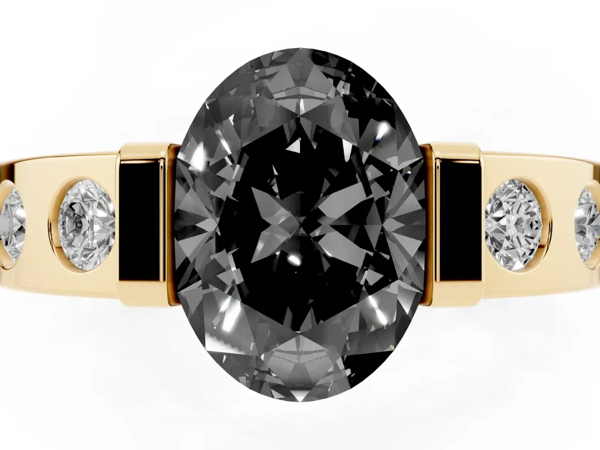 Fancy Black Oval Cut Brilliant Channel-Set Diamond Ring with Bezel Prong Setting Yellow gold