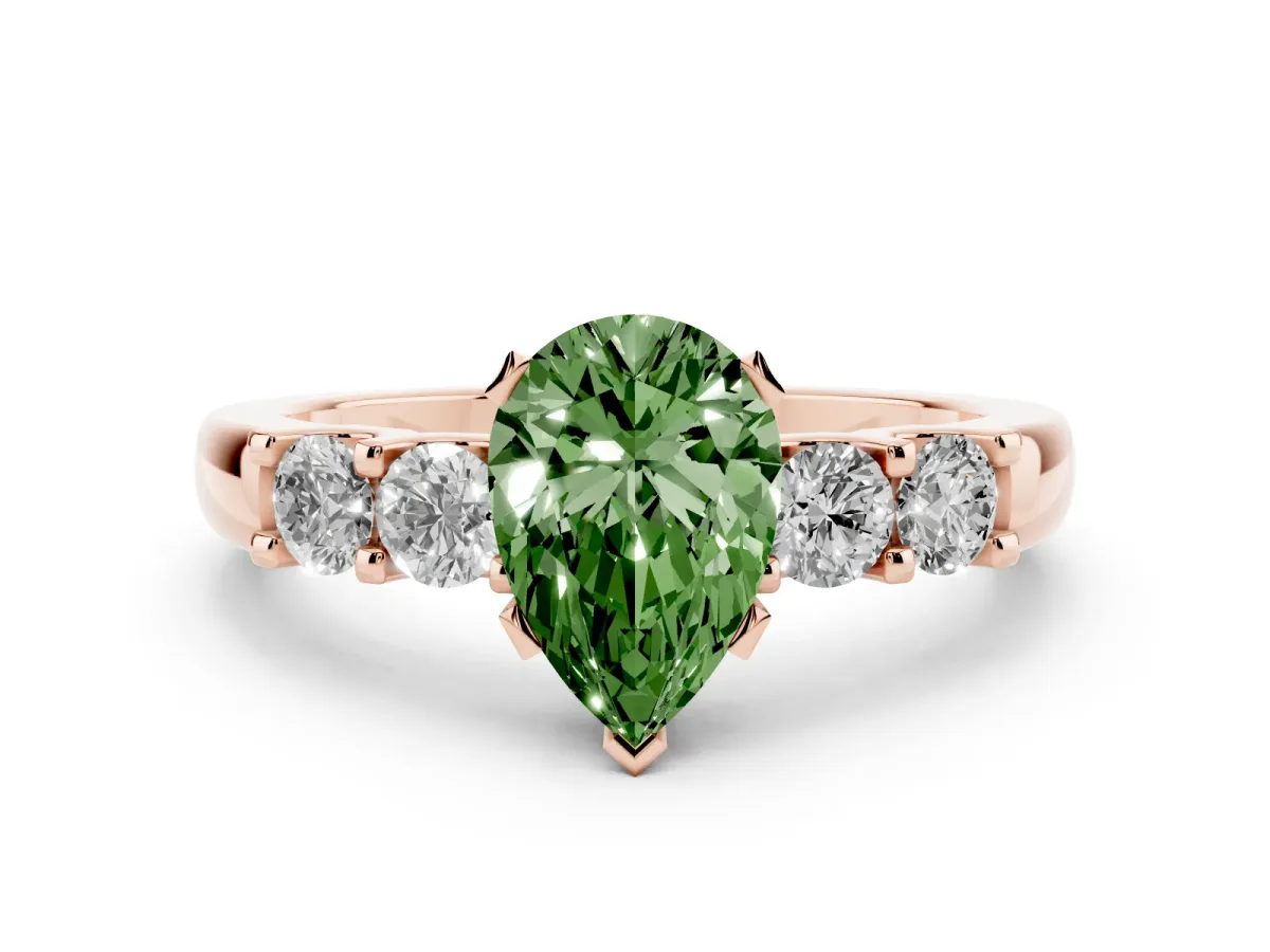 Fancy Green Pear Cut Brilliant Cut Diamond Five-Stone Prong Set Engagement Ring with Channel Band Rose gold