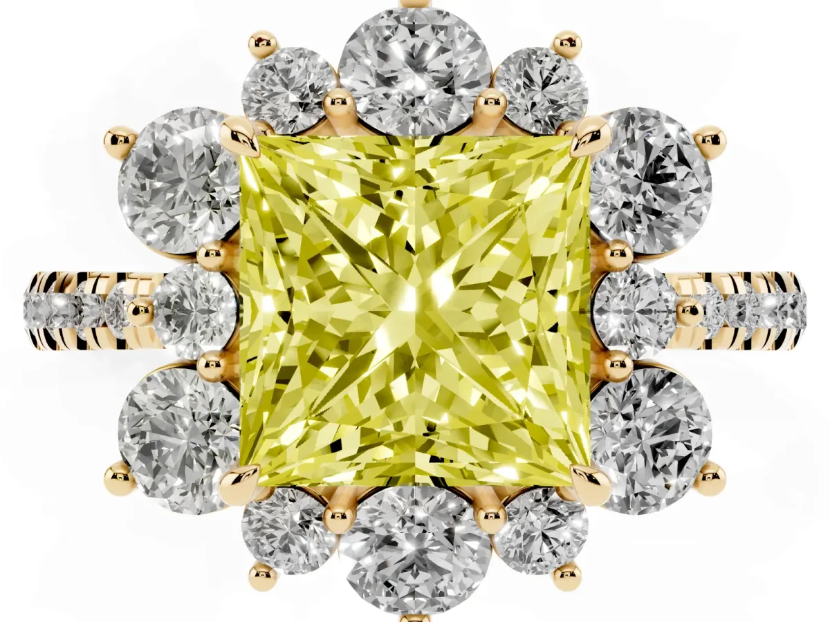 Fancy Yellow Princess Cut Diamond Floral Halo Ring with Round Pavé Band and Prong Setting Yellow gold