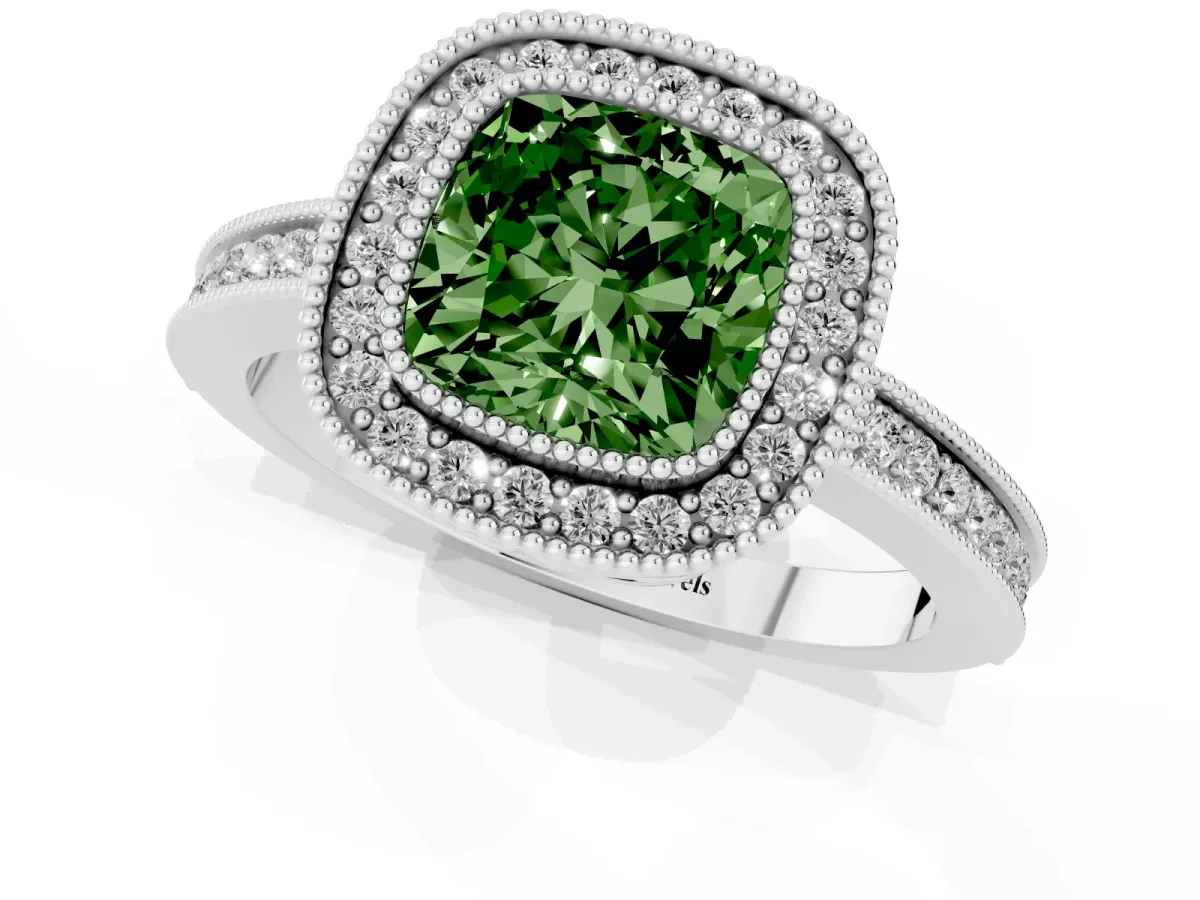 Fancy Green Cushion Cut Cut Halo Diamond Ring with Pavé Band and Milgrain Prong Setting Platinum