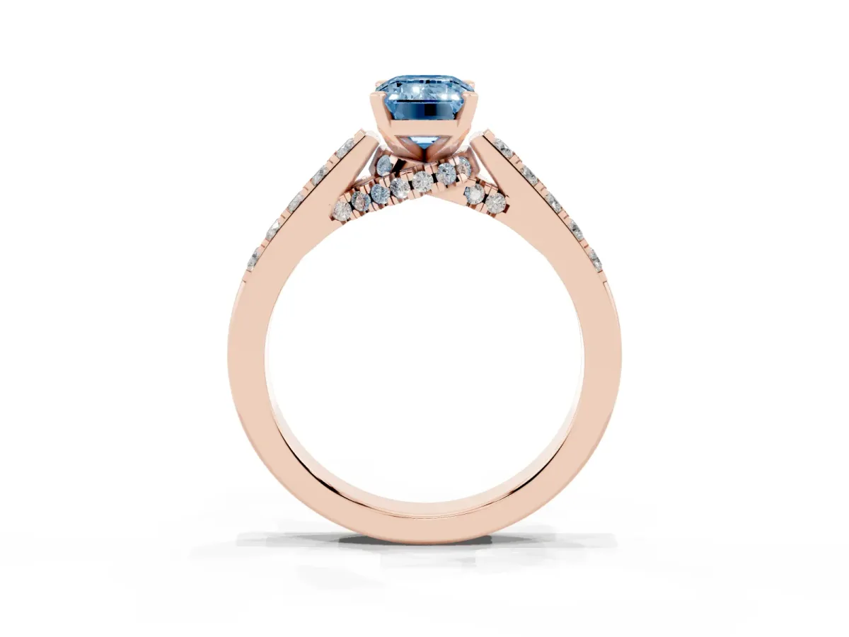 Fancy Blue Emerald Cut Diamond Solitaire Ring with Crossover Gallery and Round Pavé Band Rose gold