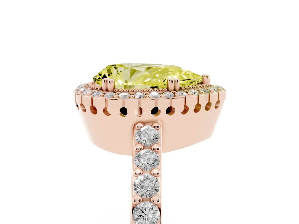 Fancy Yellow Pear Cut Cut Diamond Halo Engagement Ring with Milgrain Detail and Pavé Band Rose gold