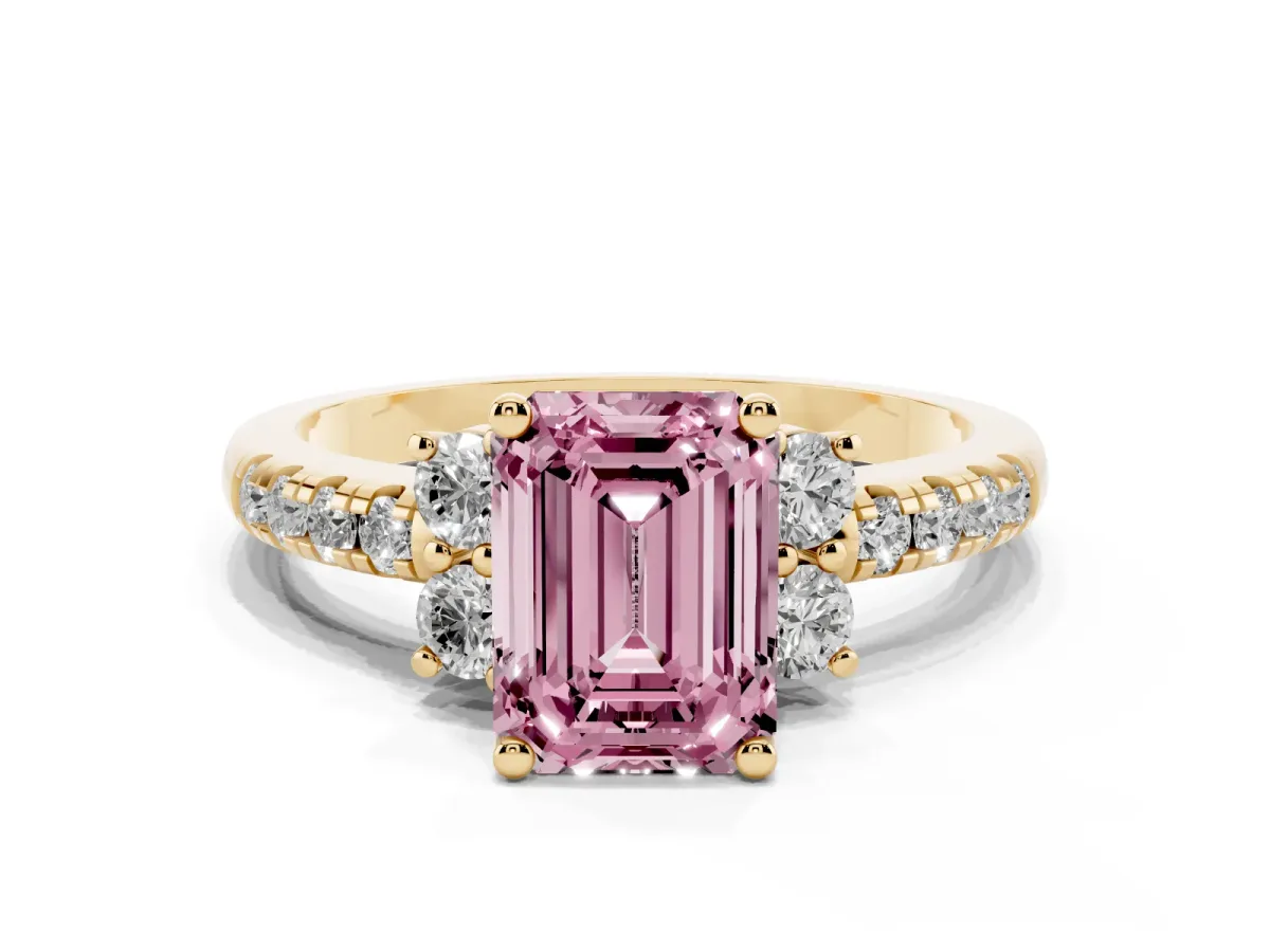 Fancy Pink Emerald Cut Diamond Three-Stone Pave Band with Four-Prong Setting Yellow gold