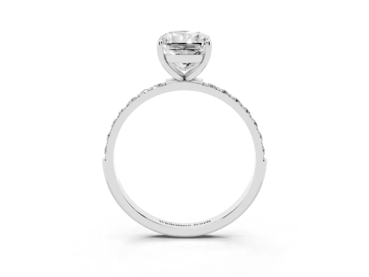 Radiant Cut Diamond Solitaire Ring with Round Pavé Shoulders and Prong Setting Platinum