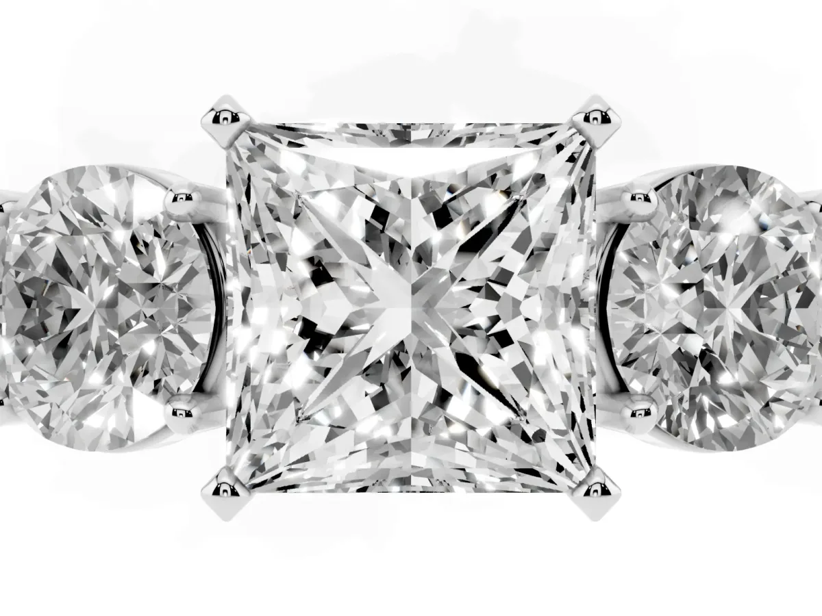 Three-Stone Princess Cut Diamond Ring with Round Side Stones, Classic Band, and Four-Prong Setting White gold