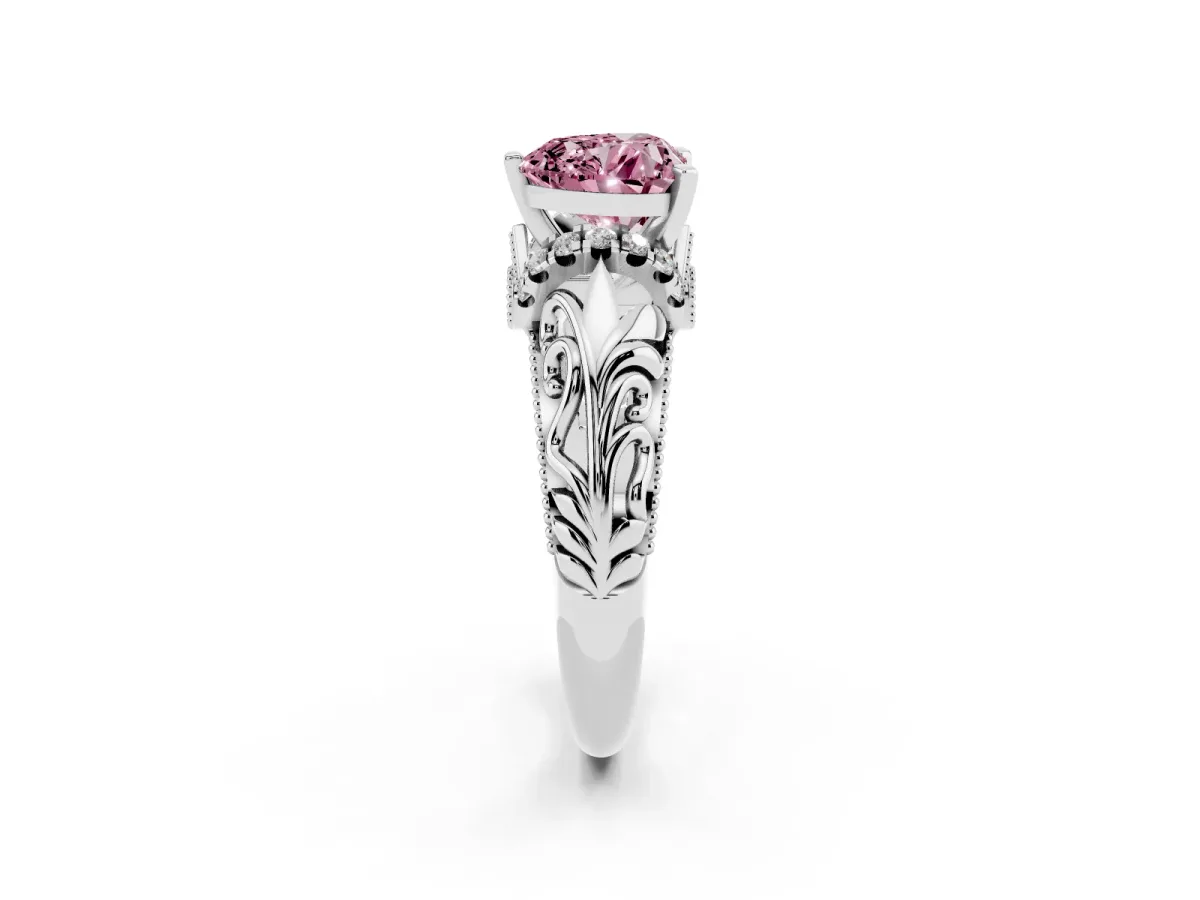 Fancy Pink Heart Cut Solitaire Filigree Engagement Ring with Halo and Prong Setting Platinum