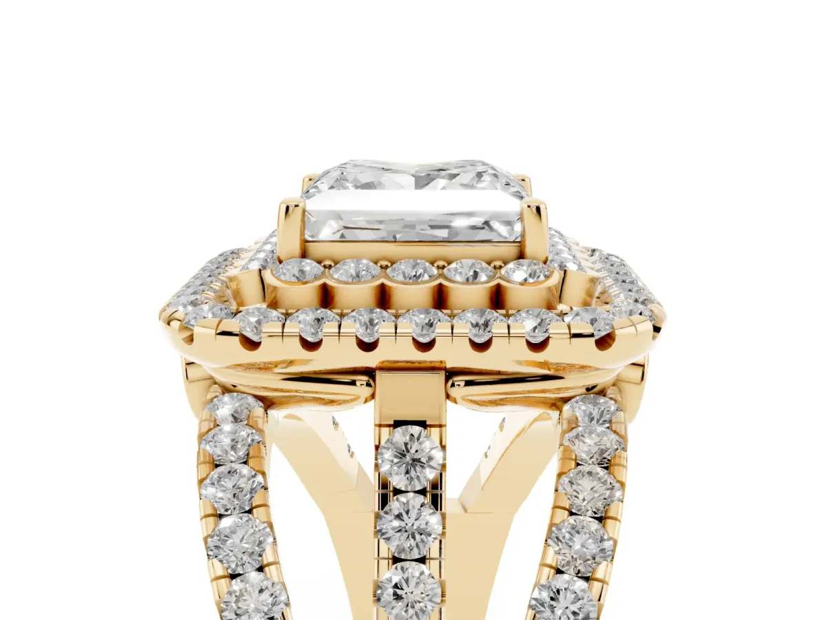 Princess Cut Diamond Double Halo Ring with Round Pavé Split Shank and Prong Setting Yellow gold