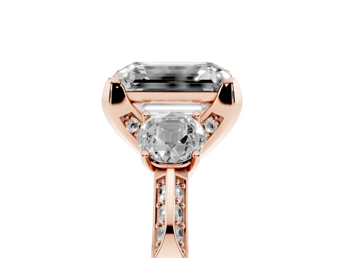 Fancy Black Emerald Cut Brilliant Three-Stone Diamond Ring with Pavé Band and Four-Prong Setting Rose gold