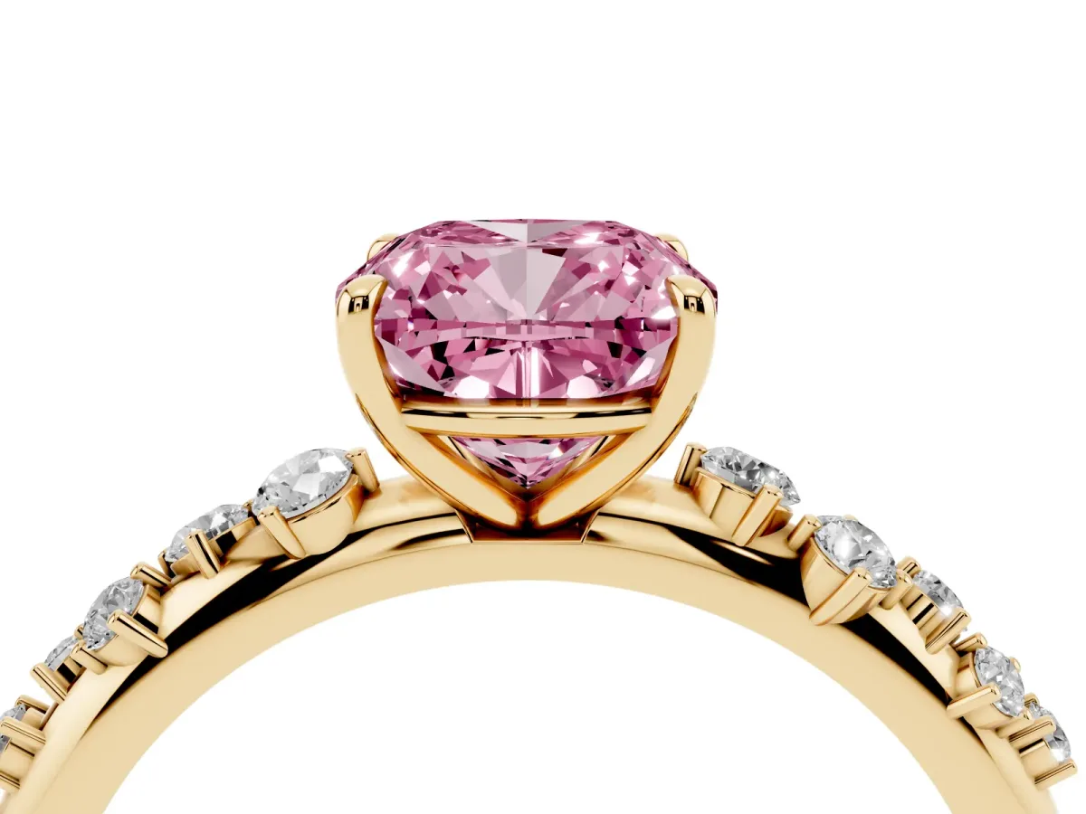 Fancy Pink Cushion Cut Diamond Cluster Prong-Set Solitaire Ring Yellow gold
