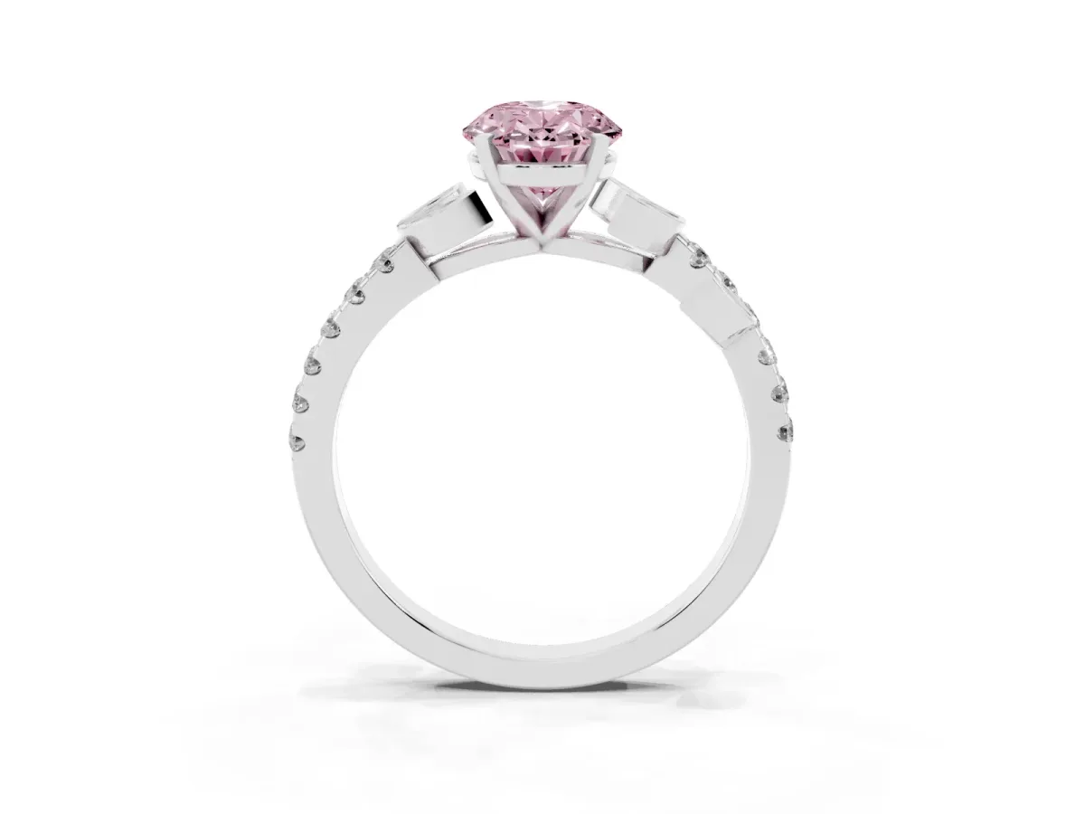 Fancy Pink Oval Cut Solitaire Leaf-Inspired Diamond Ring with Pavé Band and Four-Prong Setting Silver