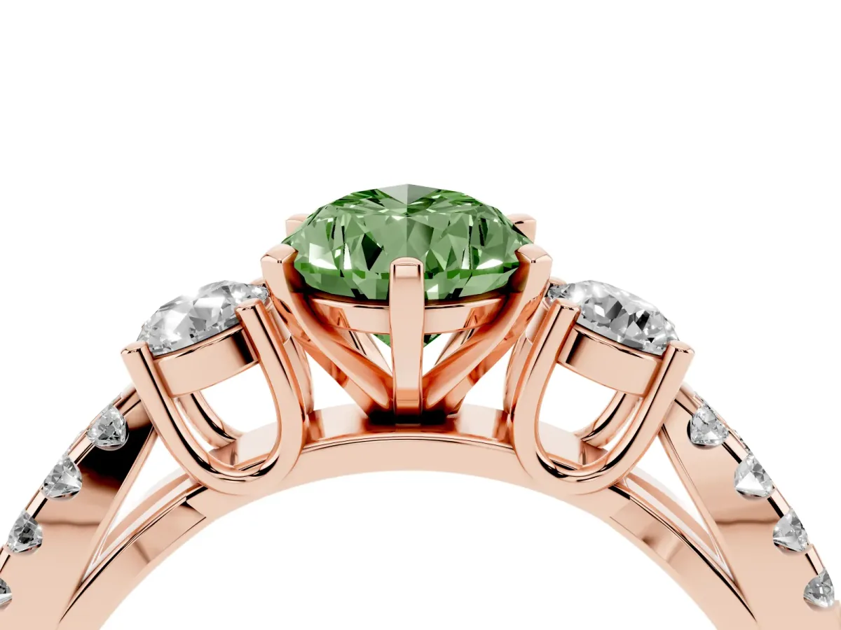Fancy Green Pear Cut Diamond Three-Stone Ring with Pavé Split Shank and Four-Prong Setting Rose gold