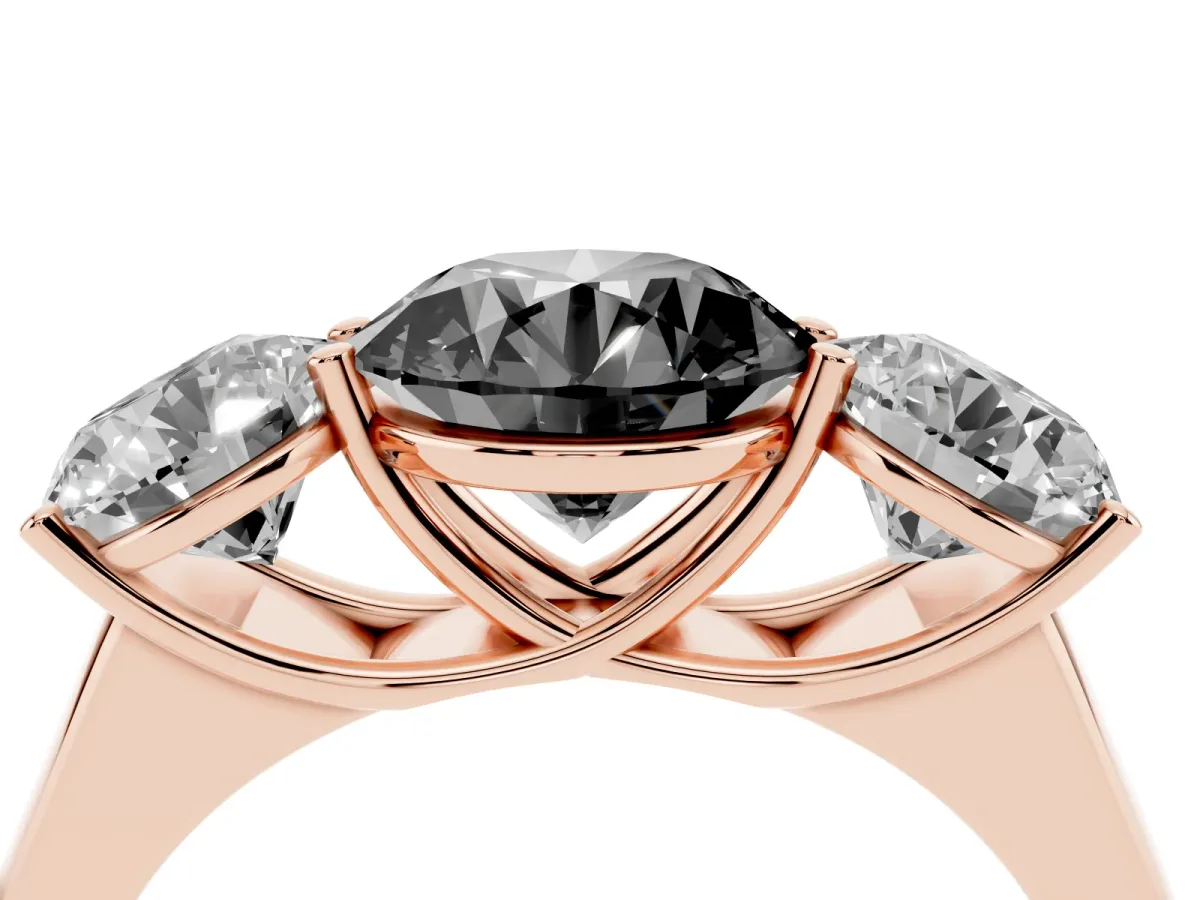 Fancy Black Round Cut Three-Stone Diamond Ring with Prong Setting on a Classic Band Rose gold