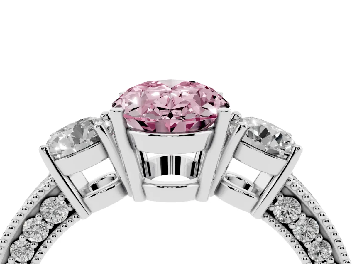 Fancy Pink Oval Cut Three-Stone Diamond Ring with Pavé Band and Four-Prong Setting Silver