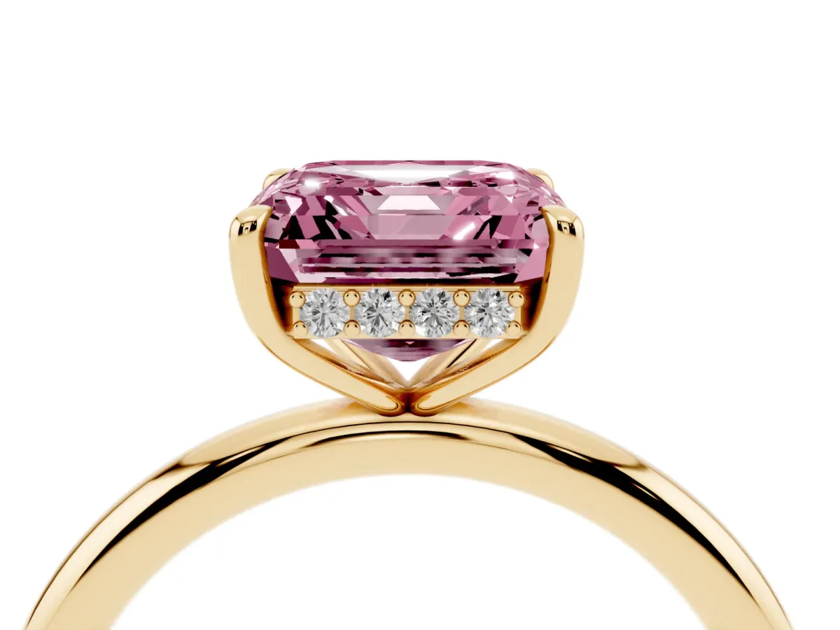 Fancy Pink Asscher Cut Diamond Solitaire Ring with Thin Band and Four-Prong Setting Yellow gold