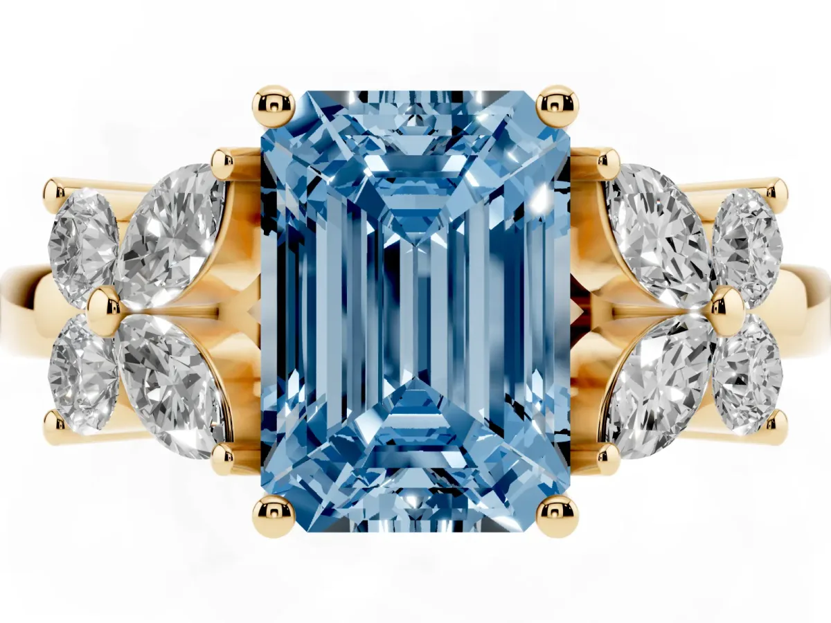 Fancy Blue Emerald Cut Diamond Floral Cluster Ring with Solitaire Band and Prong Setting Yellow gold