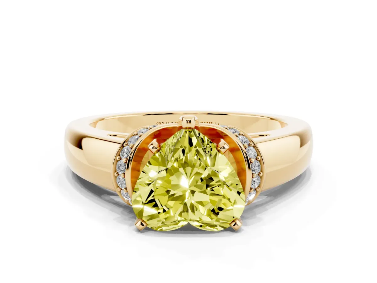 Fancy Yellow Heart Cut Solitaire Diamond Ring with Pave Band and Six-Prong Setting Yellow gold