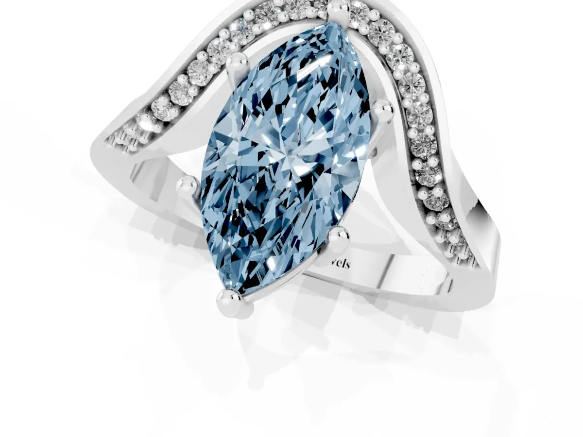 Fancy Blue Marquise Cut Solitaire Diamond Engagement Ring with Pave Band and Four-Prong Setting Platinum