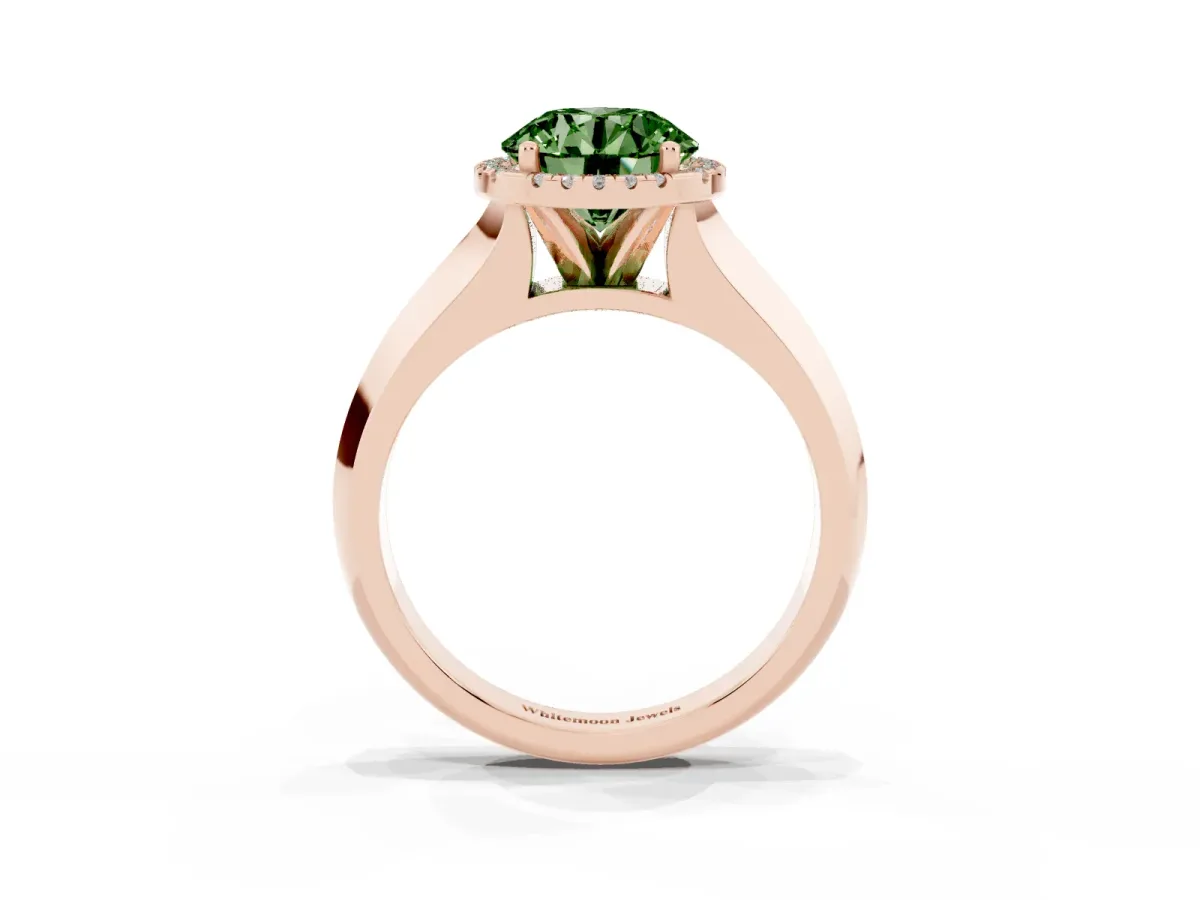 Fancy Green Round Cut Halo Diamond Ring with Cathedral Band and Four-Prong Setting Rose gold