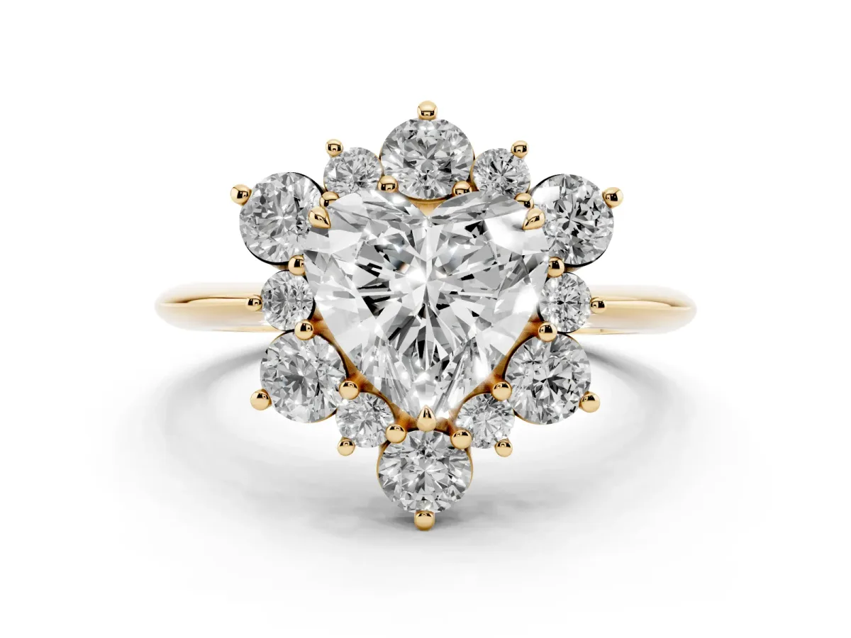 Heart Cut Diamond Cluster Halo Ring with Solitaire Band and Four-Prong Setting Yellow gold