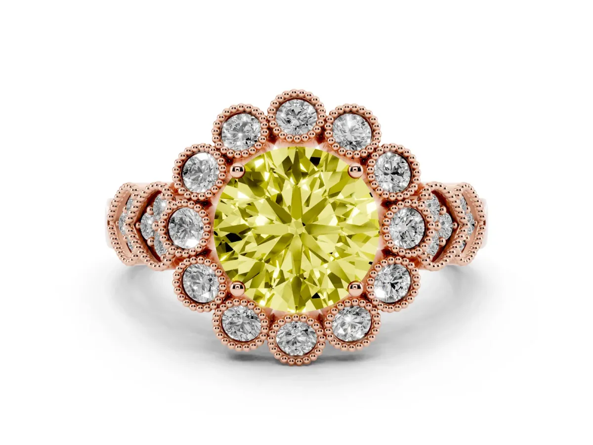Fancy Yellow Round Cut Brilliant Milgrain Pave Heart Band Solitaire Ring Rose gold