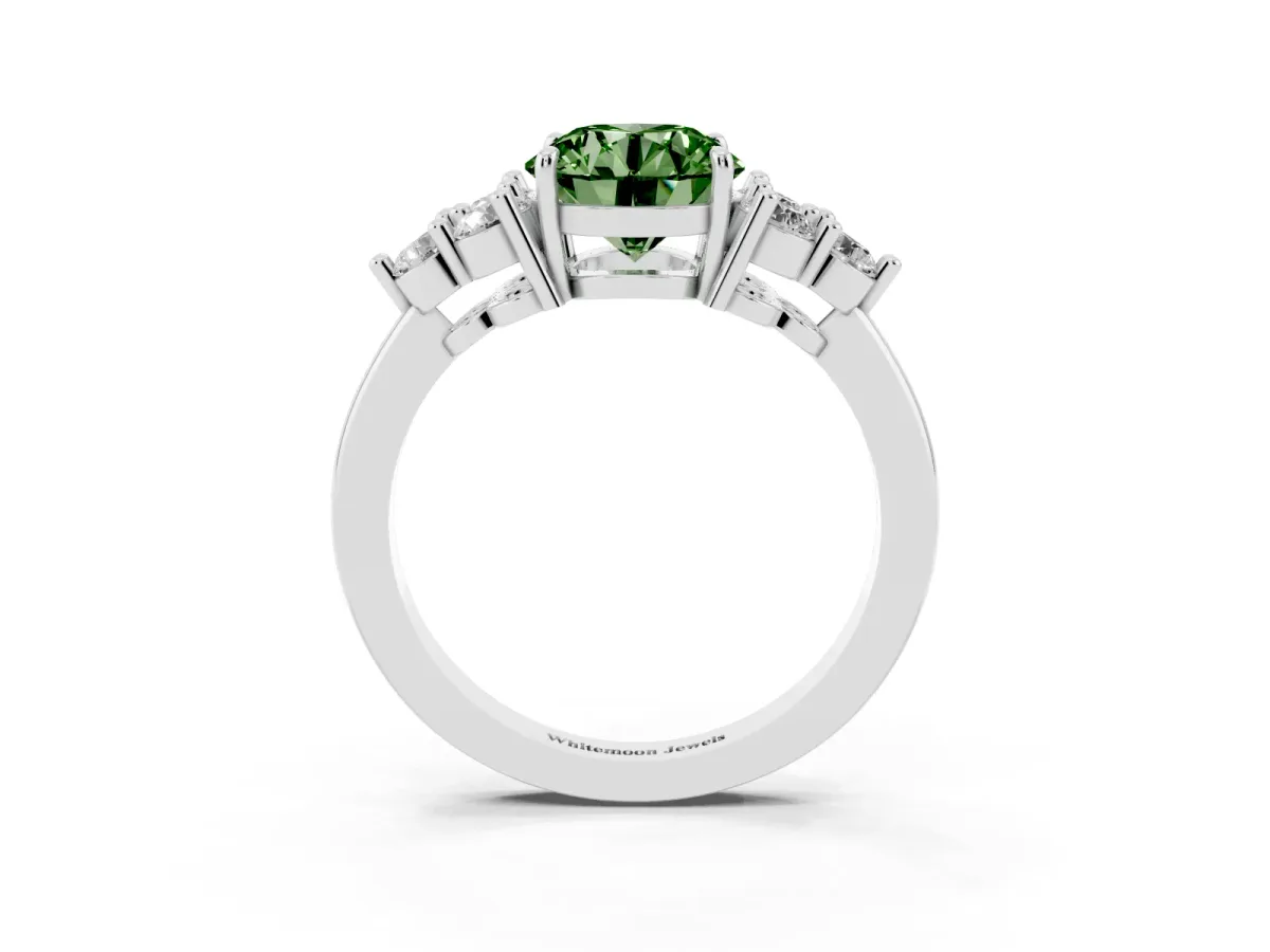 Fancy Green Round Cut Brilliant Diamond Cluster Accent Solitaire Ring with Prong Setting Silver