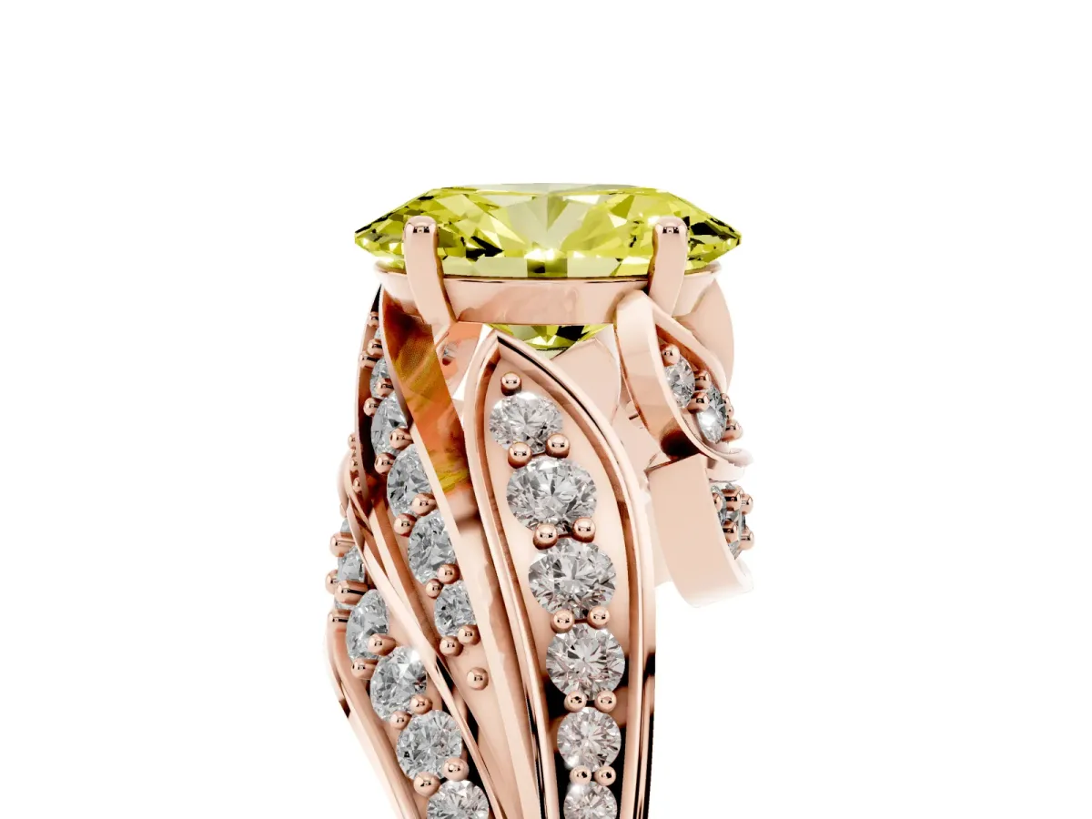 Fancy Yellow Oval Cut Diamond Solitaire Ring with Prong Setting and Twisted Pavé Band Rose gold