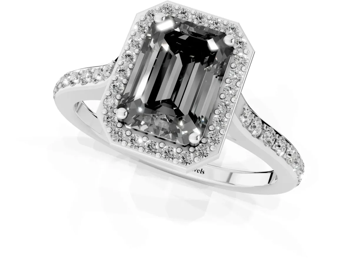 Fancy Black Emerald Cut Diamond Halo Engagement Ring with Round Pavé Shoulders and Prong Setting White gold