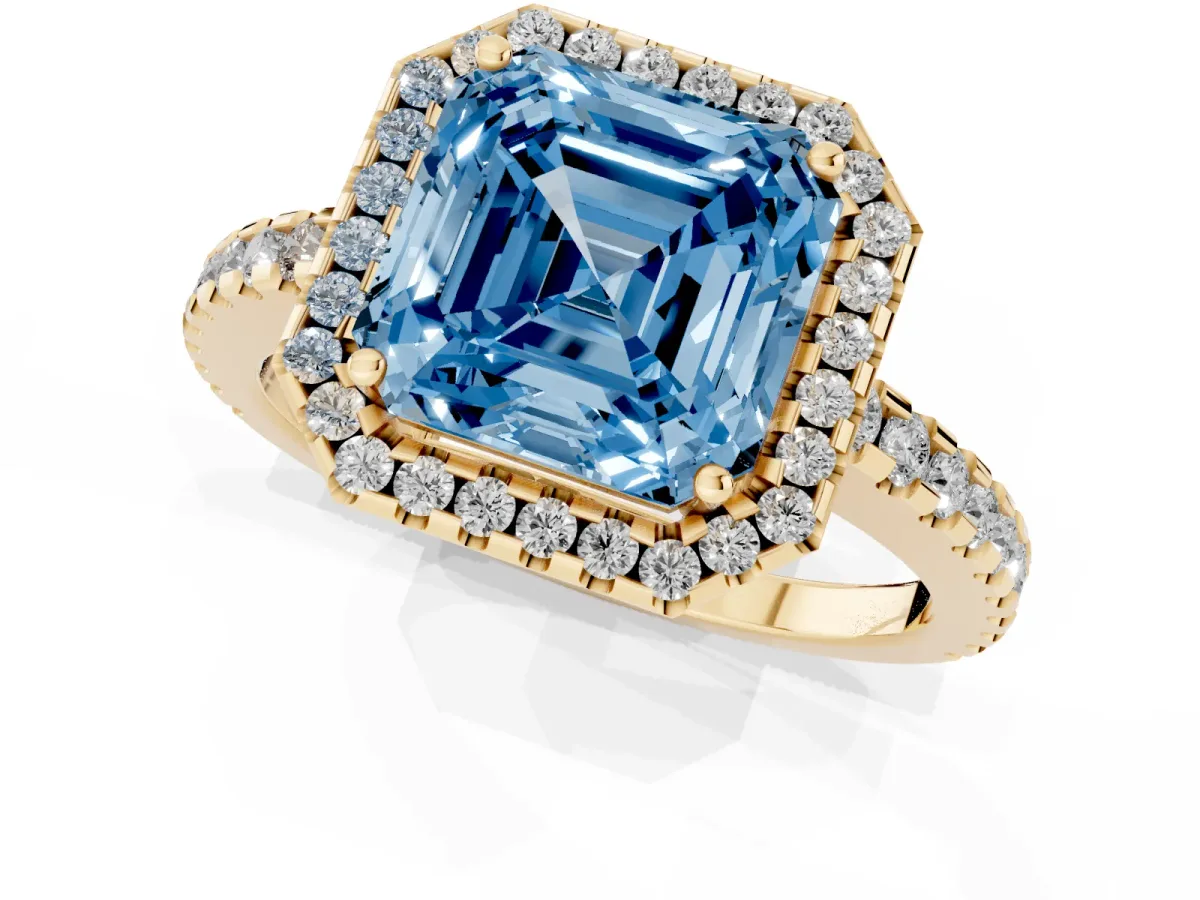 Fancy Blue Asscher Cut Diamond Halo Engagement Ring with Pavé Band and Prong Setting Yellow gold
