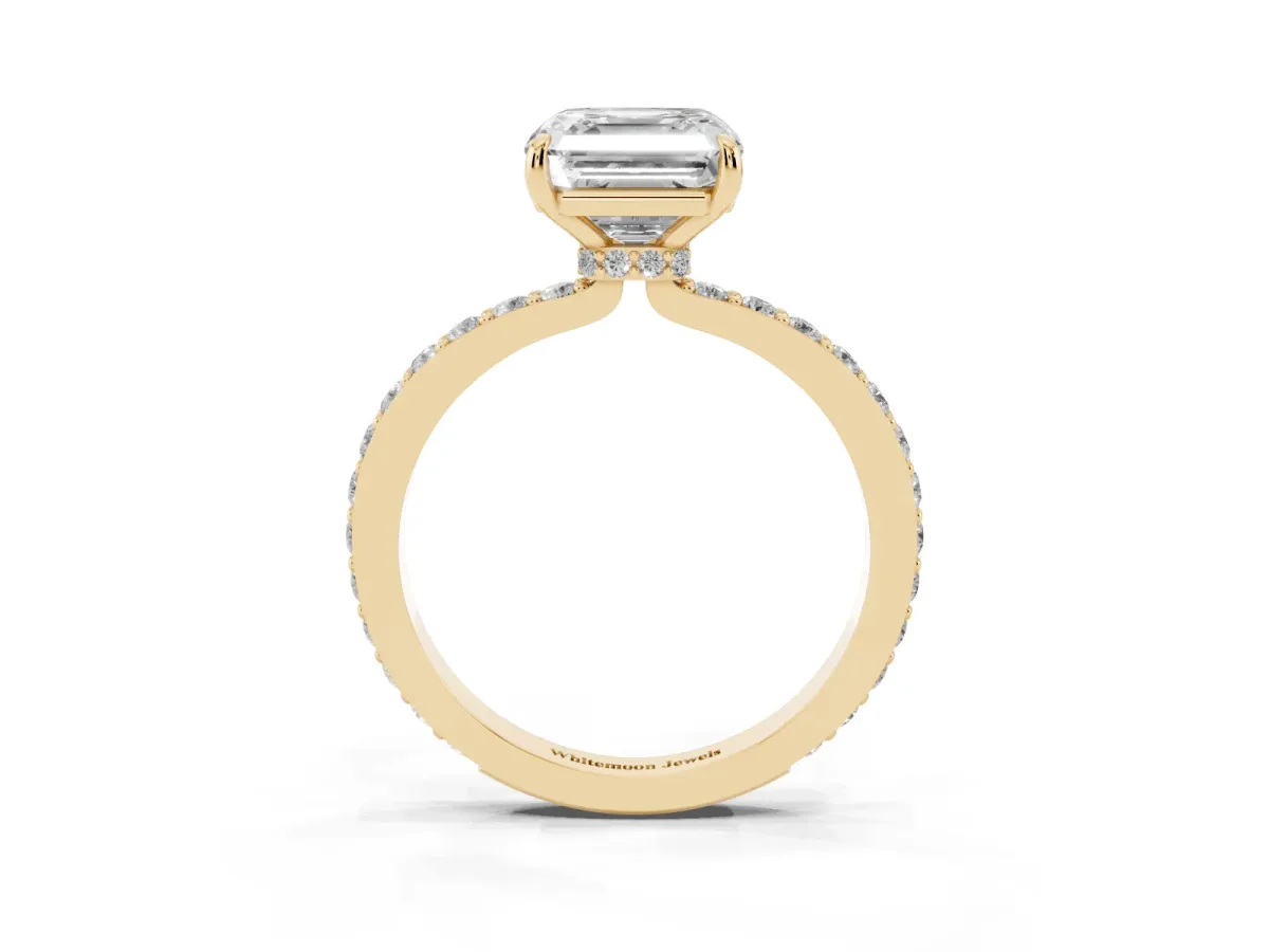 Asscher Cut Diamond Pavé Engagement Ring with Round Accents and Prong Setting Yellow gold