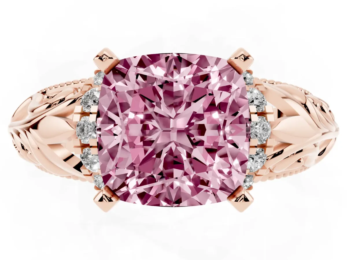 Fancy Pink Cushion Cut Solitaire Filigree Engagement Ring with Halo and Prong Setting Rose gold