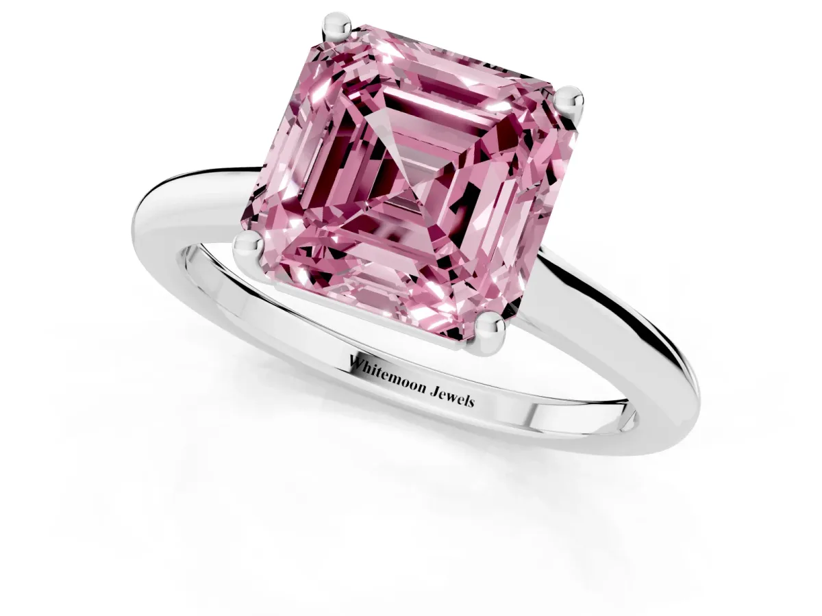 Fancy Pink Asscher Cut Cut Solitaire Ring with Cathedral Band and Four-Prong Setting Platinum